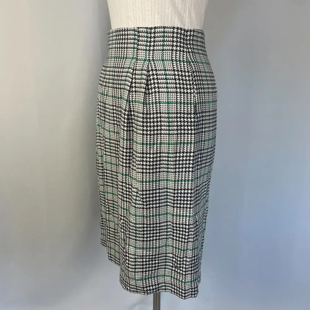 Vintage Midi Skirt Size 12 Black White Green Houndstooth Preppy Academia 80s 90s